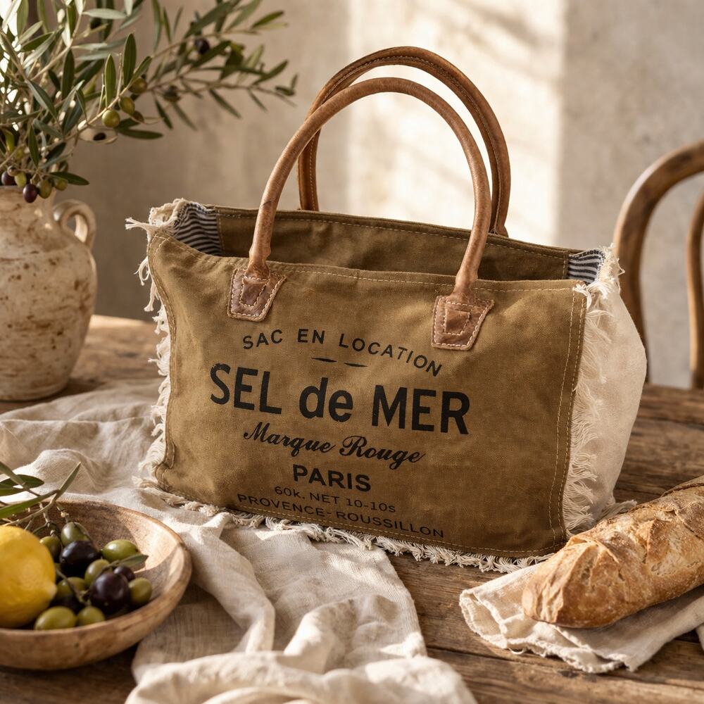 French Market Tote Canvas Leather Fringe Sel de Mer Paris Boho Everyday Bag